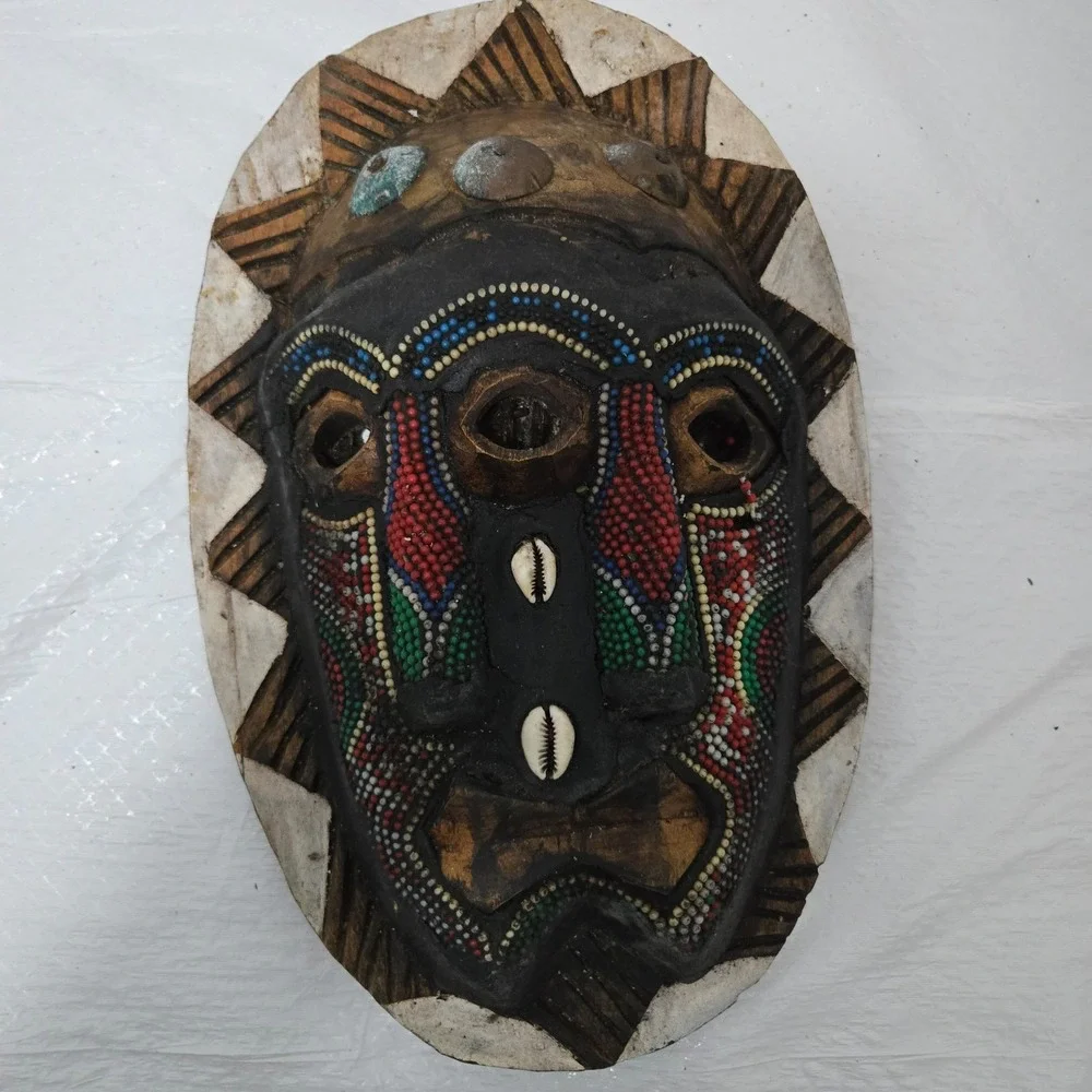 Vintage Ghana Hand Carved African Wood Mask Beaded Cowrie Shell Wall Art 13